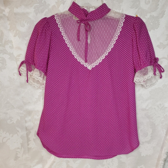 Tops - 1970s‎ Vintage Hot pink Polka Dot Top